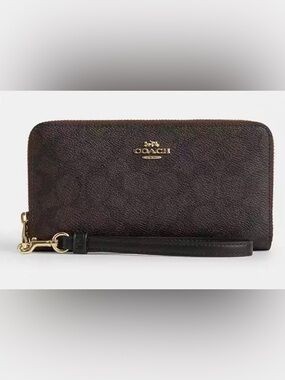 Coach Dark Brown Pebbled Leather Wristlet with Gold Logo